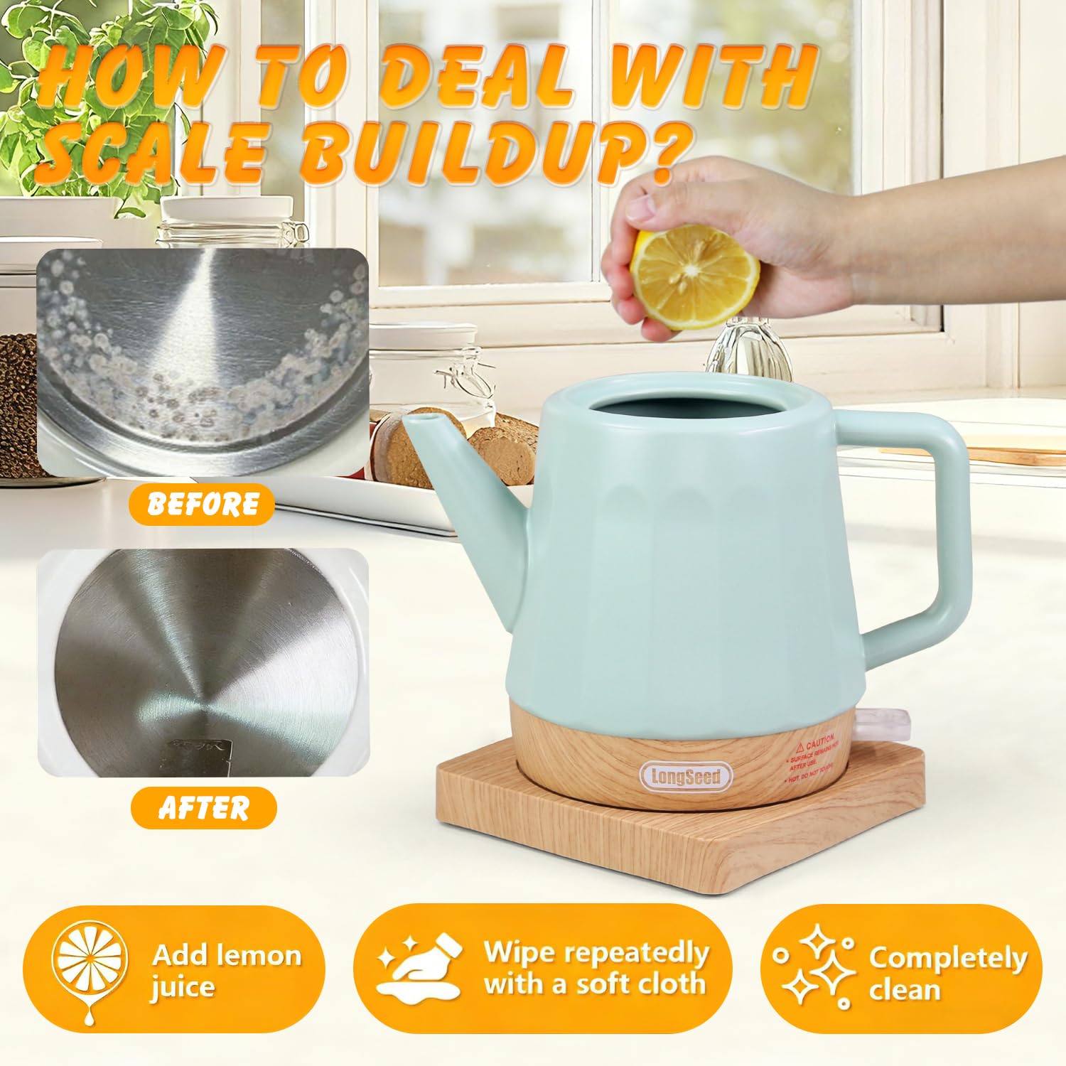 LONGSEED Electric Kettle Ceramic 1.2 qt, Automatic Shut Off, Fast Boiling Kettles Teapot, Hot Water Boiler For Coffee & Tea, Prevent Boil Dry, 1000W, Milky Green