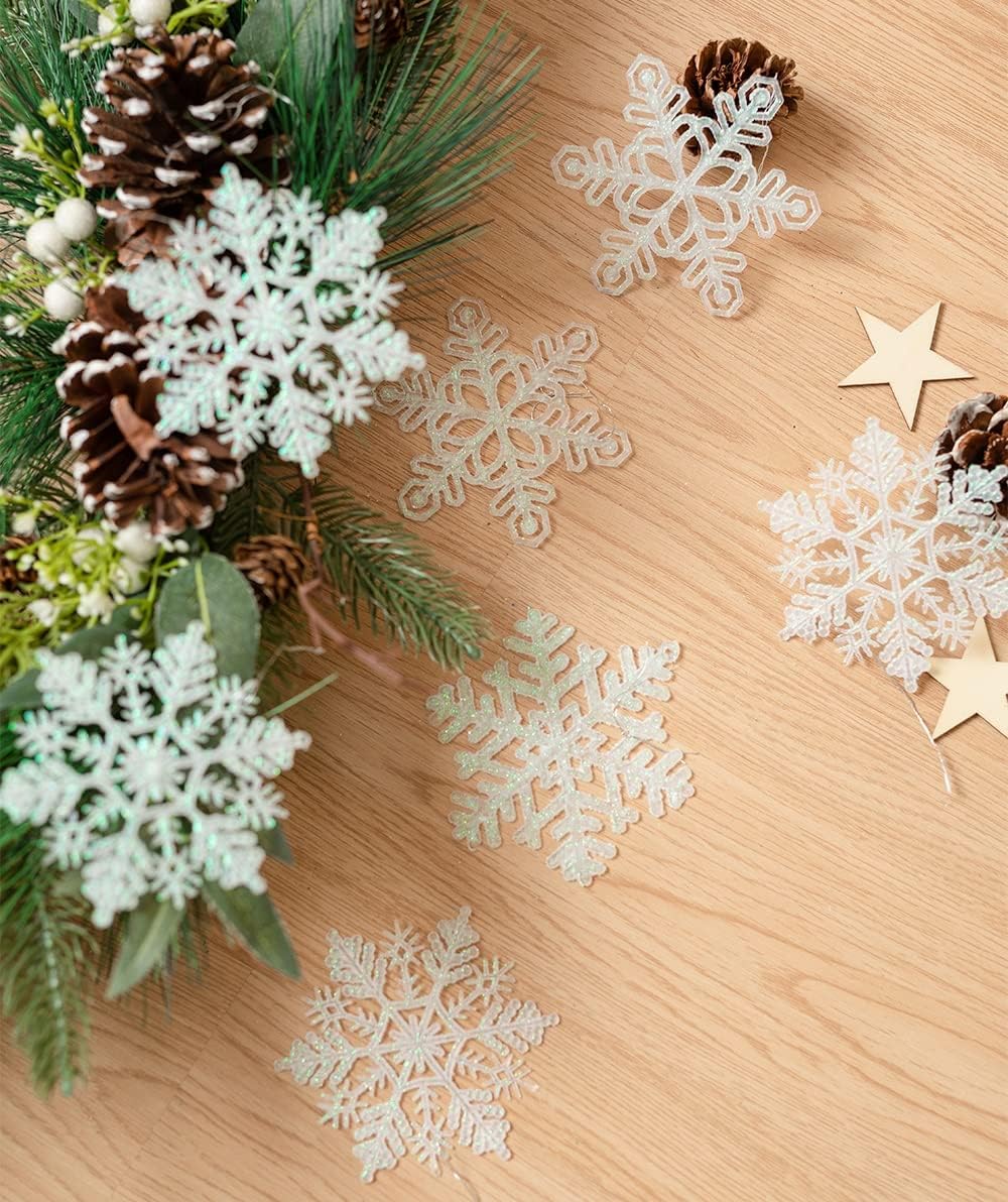 Skiennix 48pcs Pre-Strung White Snowflake Ornaments - Glittery Christmas Tree Decorations