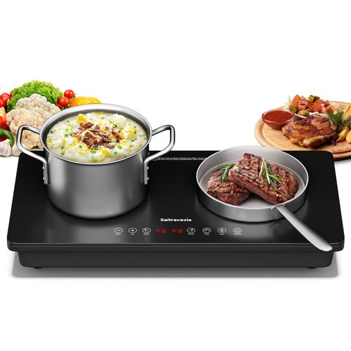 Saitravexia 1800W Portable 2 Burner Countertop Electric Stove with Touch Control, Cross-Line Panel Design, 8 Power Levels, Timer, Safety Lock, Compatible with Magnetic Cookware