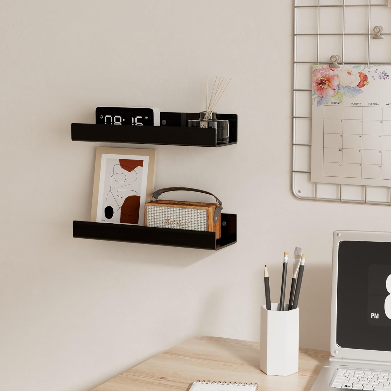 Skiennix 12-Inch Black Acrylic Wall Shelf - Stylish Wall-Mounted Storage Organizer | 2 Pack