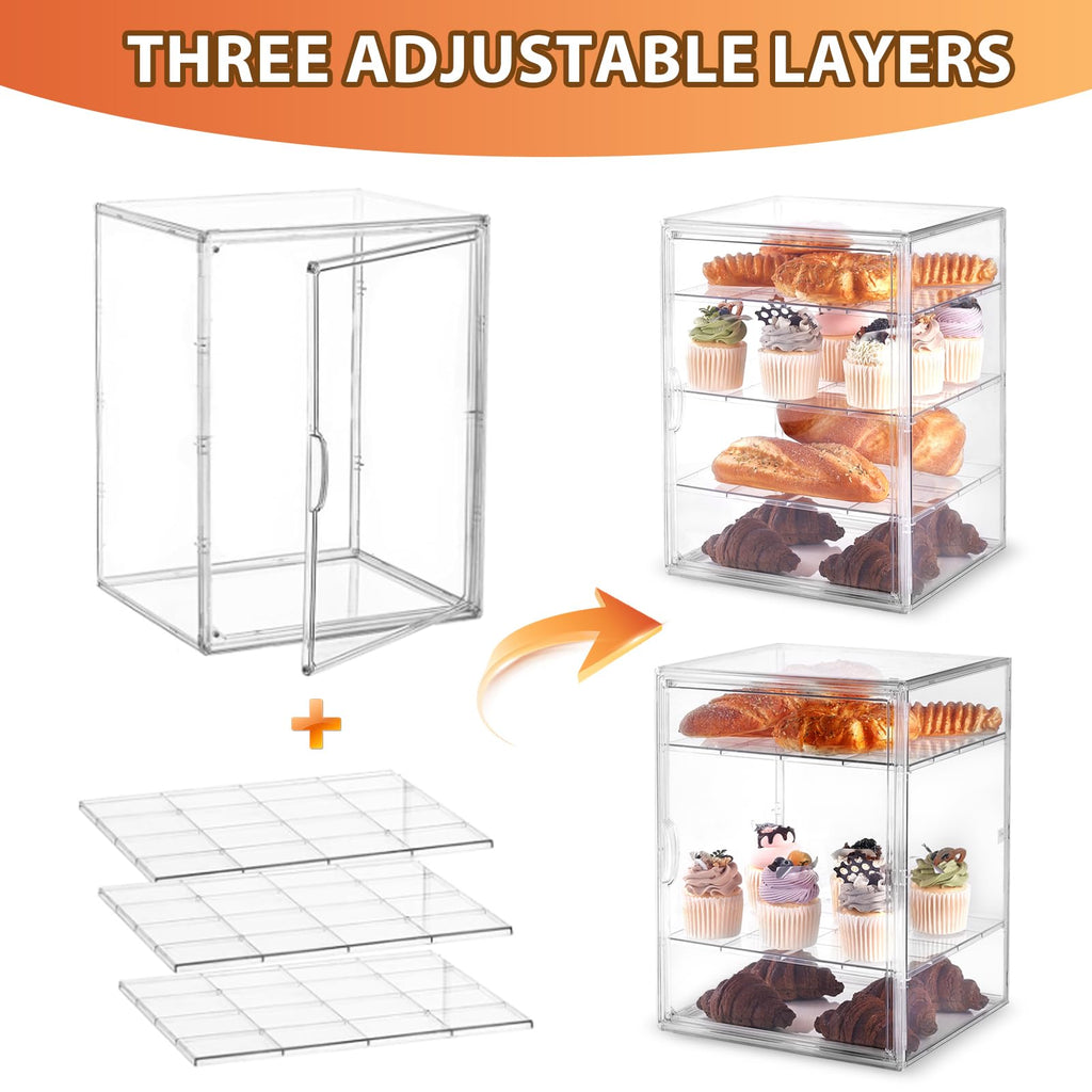 ToBeAce Pastry Display Case, Large Bread Box for Kitchen Countertop, 4 Layers Adjustable Bakery Display Case, Clear Breadbox for Baked Goods Cookie Dessert Cupcake Kitchen Counter, 2 Pack