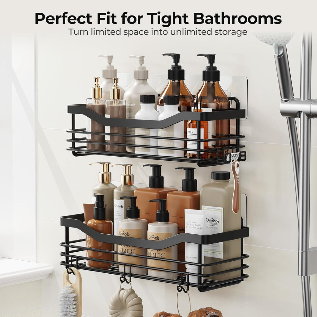 Orimade Shower Caddy Shelf - Rust Resistant Wall-Mounted Organizer with 5 Hooks | 2 Pack, Black