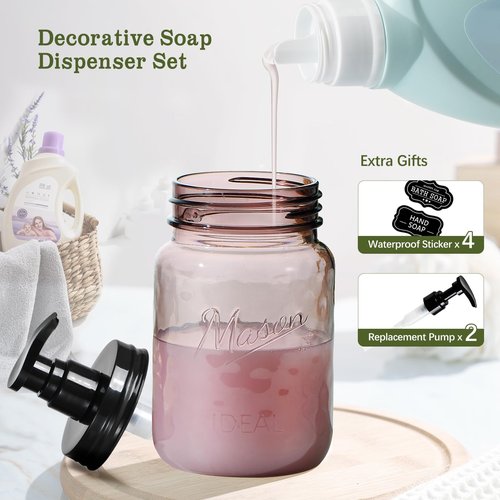 Amolliar 16 Oz Plastic Soap Dispenser, Refillable Hand Dish Soap Dispenser - Vintage Rose Bottle with Black Pump Lids, for Farmhouse Bathroom Kitchen, Includes 2 Extra Pump & Waterproof Label (2 Pack)