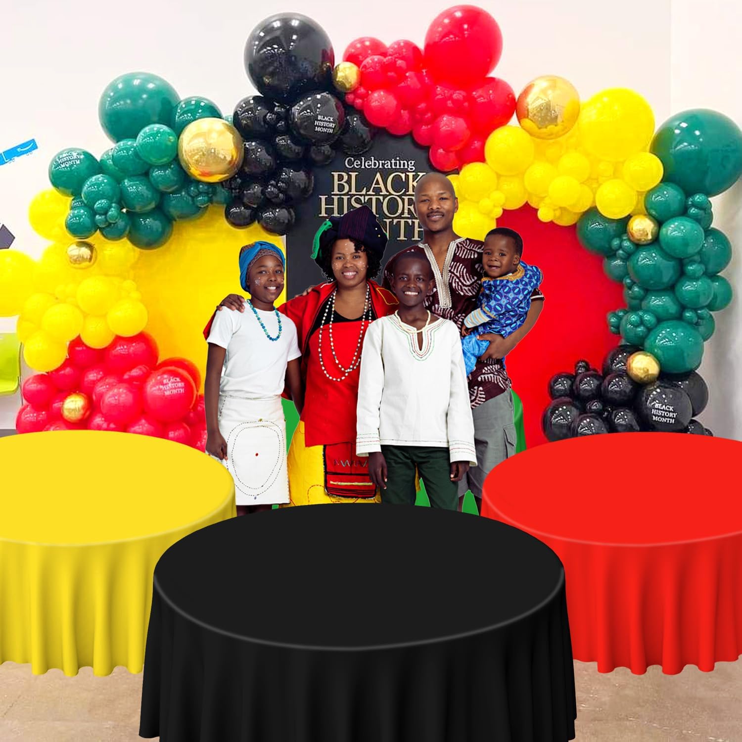 PIXHOTUL 4 Pcs Red Green Yellow Black Plastic Tablecloths, Disposable Round Table Cloth for Black History Month Juneteenth Decorations Black History Table Decorations, 84 x 84 inch