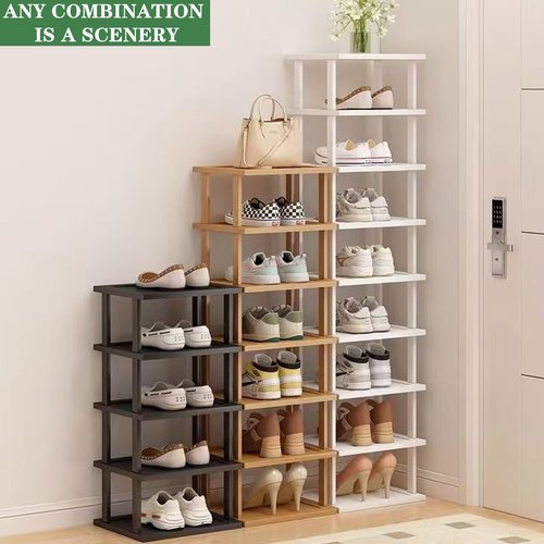 SAN HE Bamboo Shoe Rack 5Tier- Vertical White Shoe Rack for Small Spaces, Tall Narrow Shoe Rack Organizer for Closet Entryway Corner Garage and Bedroom,Skinny Shoe Shelf with Free Stackable DIY