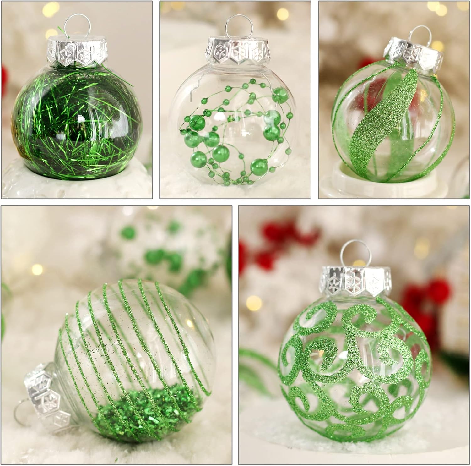Skiennix Christmas Ornaments Set - 30pcs Shatterproof Green & Clear Baubles for Holiday Decor | 60MM