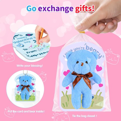 28 Packs Valentine's Day Gift for Kids - 4.7" Mini Plush Bear Stuffed Animals Bulk Keychain with Valentine's Day Cards for Kids School, Classroom Gift Exchange, Party Favor & Prize for Boys Girls