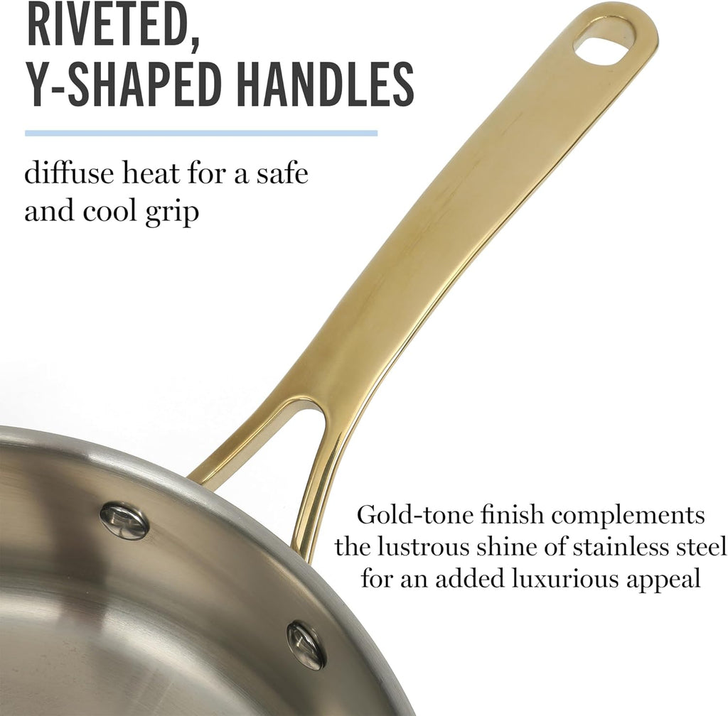 Martha Stewart Castelle 10-Piece Stainless Steel Cookware Set | Durable, Induction Safe, Non-Toxic - Gold Handles