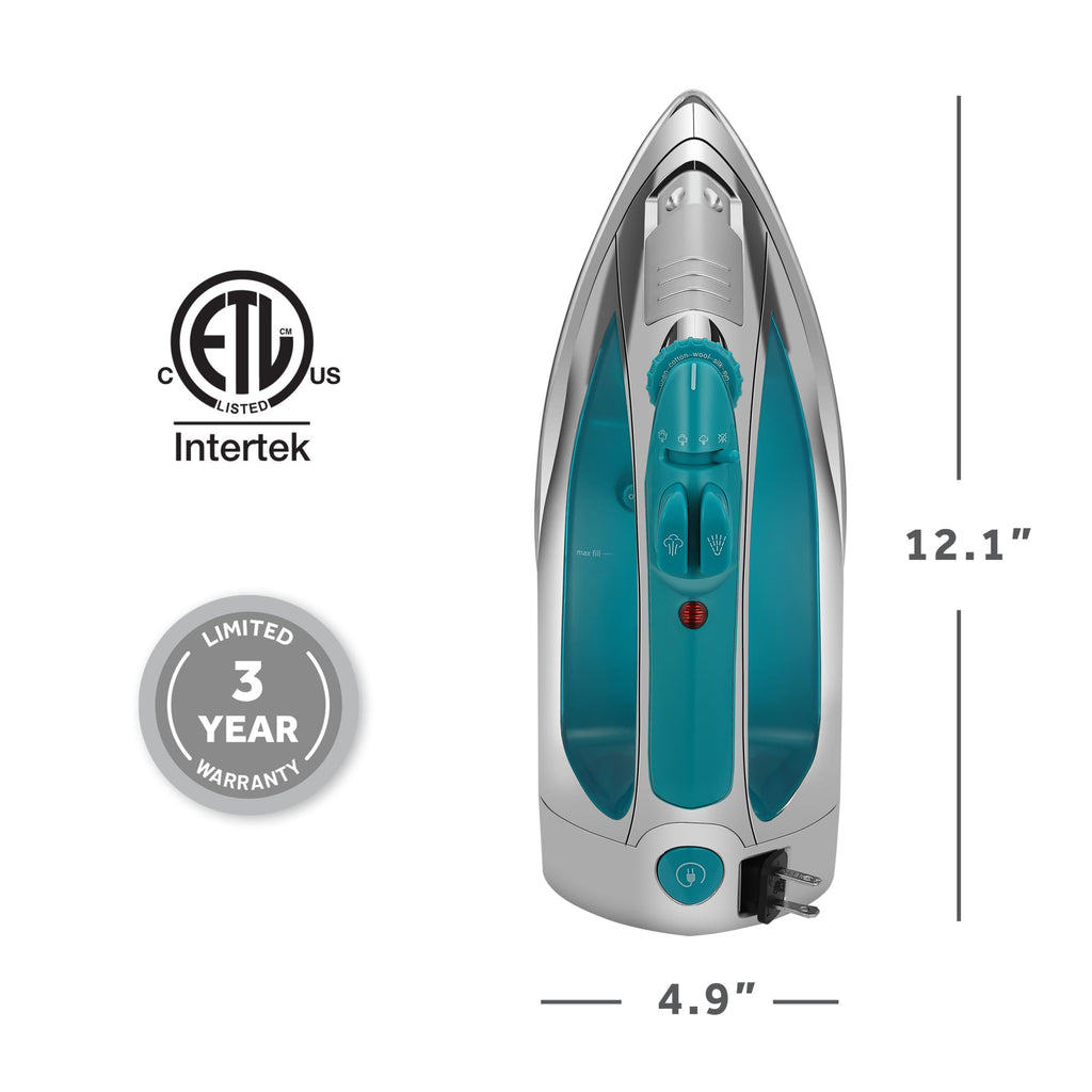 Sunbeam Turbo Steam Iron 1400W Quick Heat Stainless Steel Soleplate Shot of Steam Horizontal and Vertical 3 Way Auto Off 240ml Water Tank White Teal