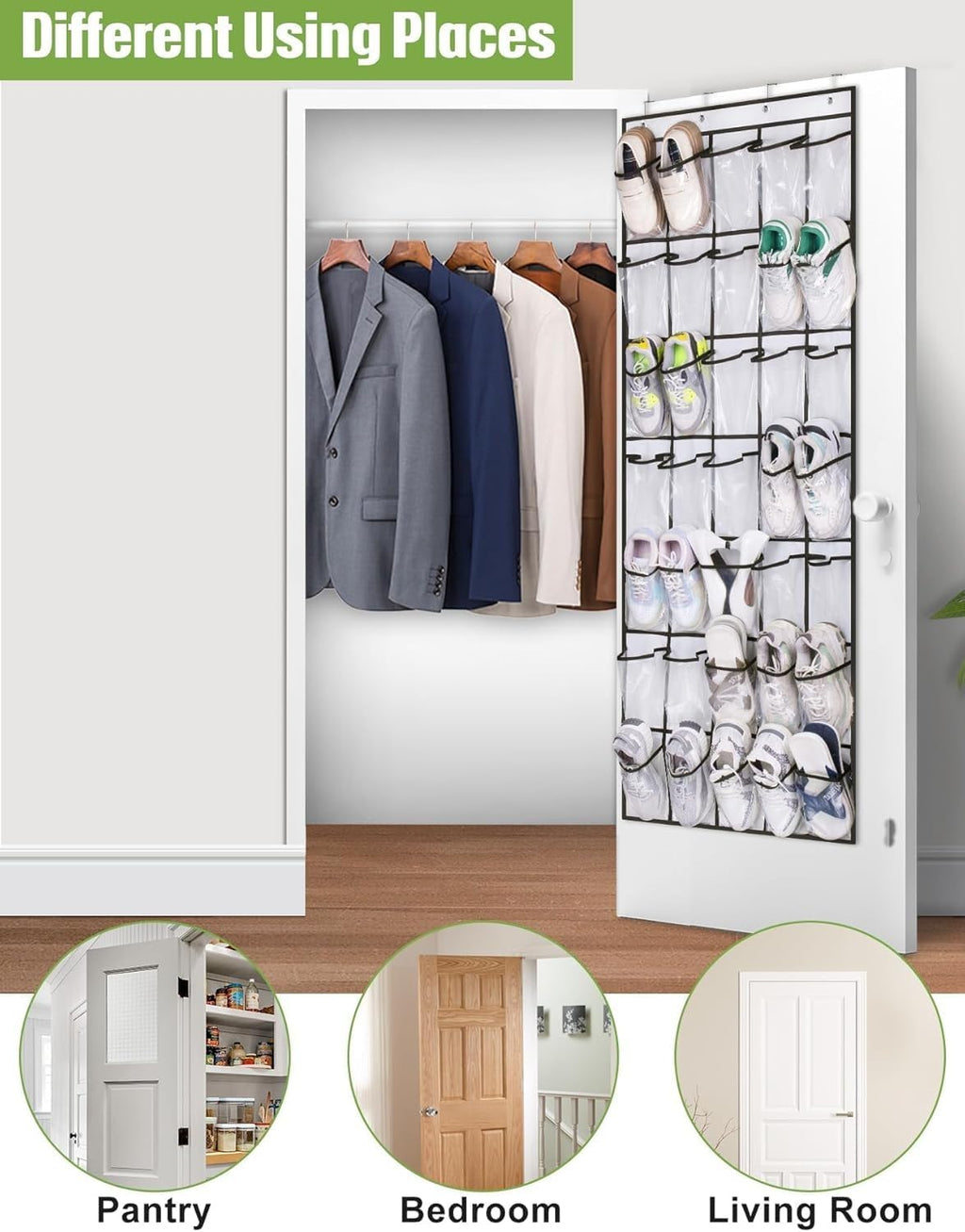 MISSLO Over The Door Shoe Organizer - 35 Clear Large Pockets, Sturdy Oxford Fabric, White