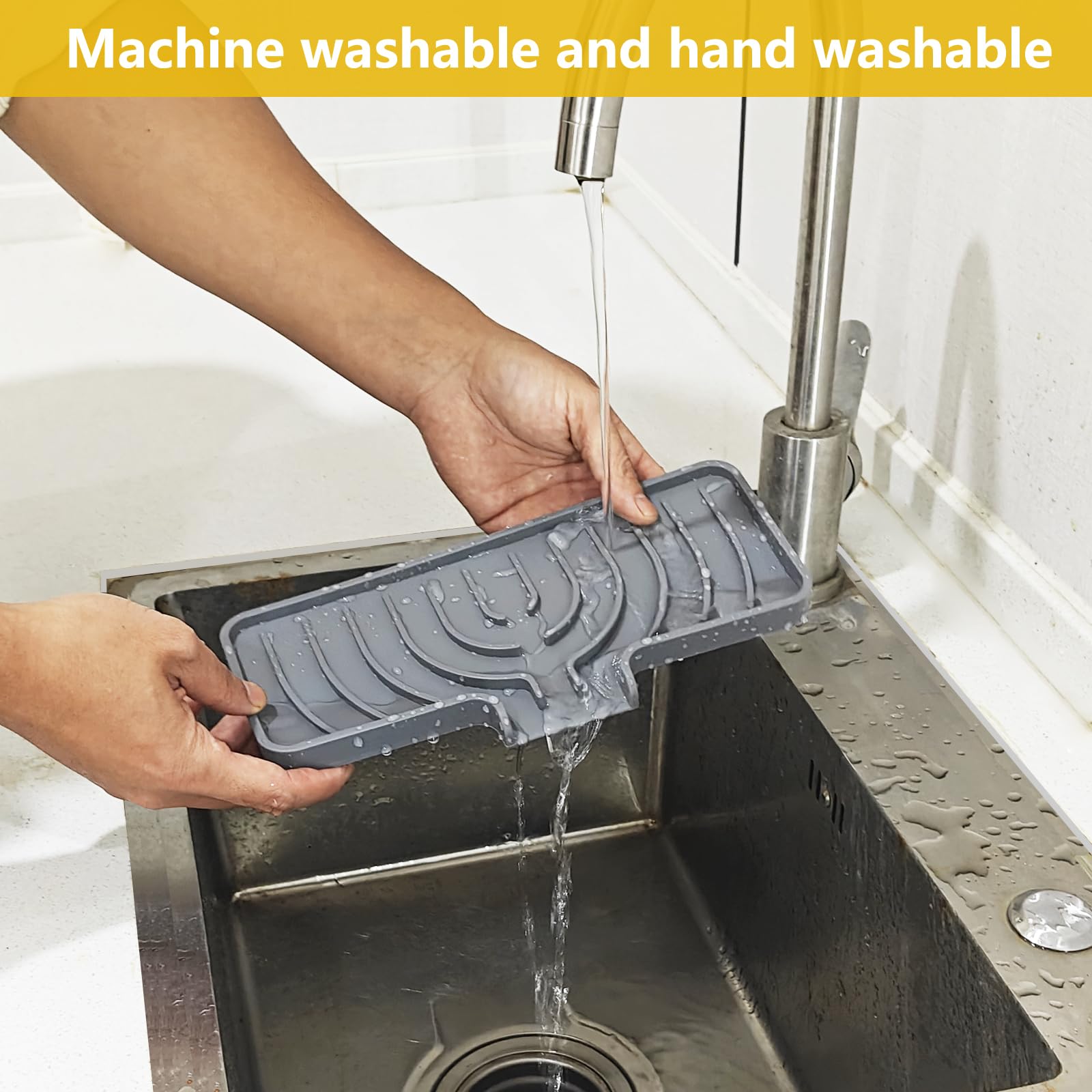 JOOKKI Sponge Holder for Kitchen Sink, Soap Tray for Sink & Counter, 9.8"×4.9" Soap Dish Mat, Silicone with Drain, Perfect for Kitchen, Scrubber, Bottle, Cup (Gray)