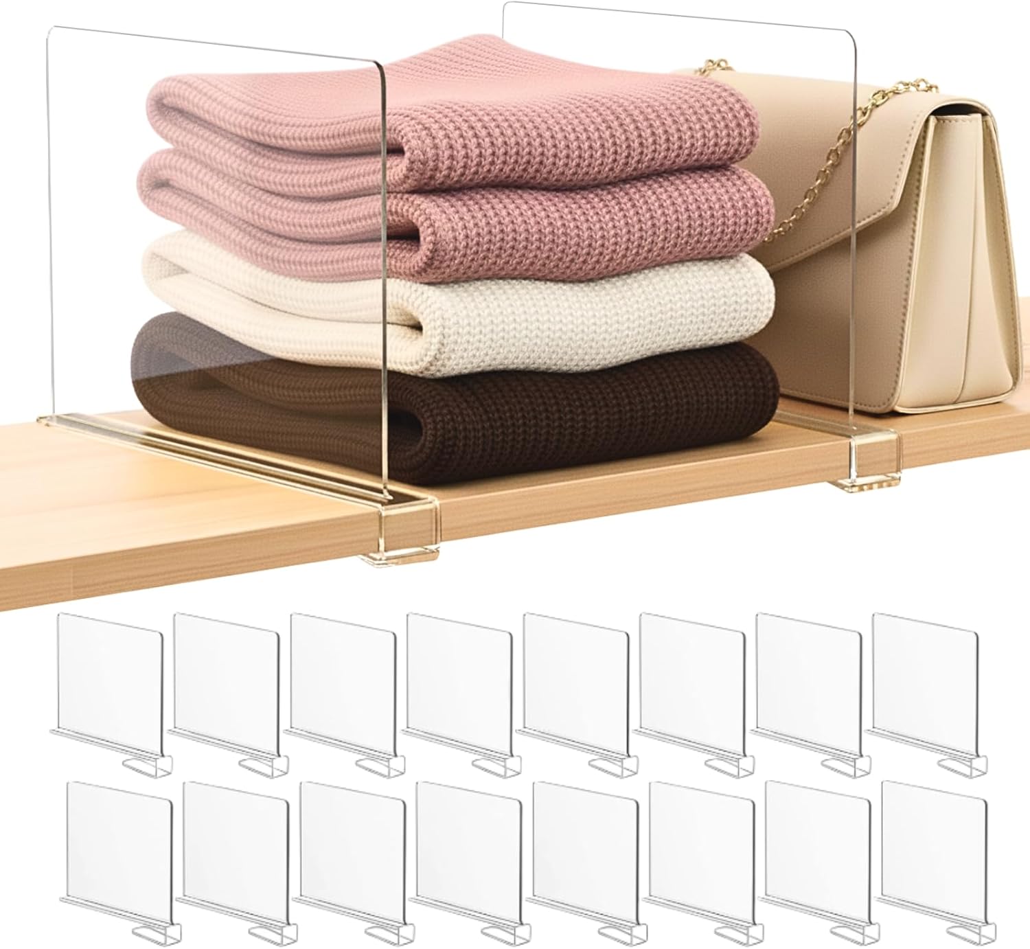 SortNStore Shelf Dividers - 16-Pack Acrylic Purse Organizer for Handbags, Clutches & More