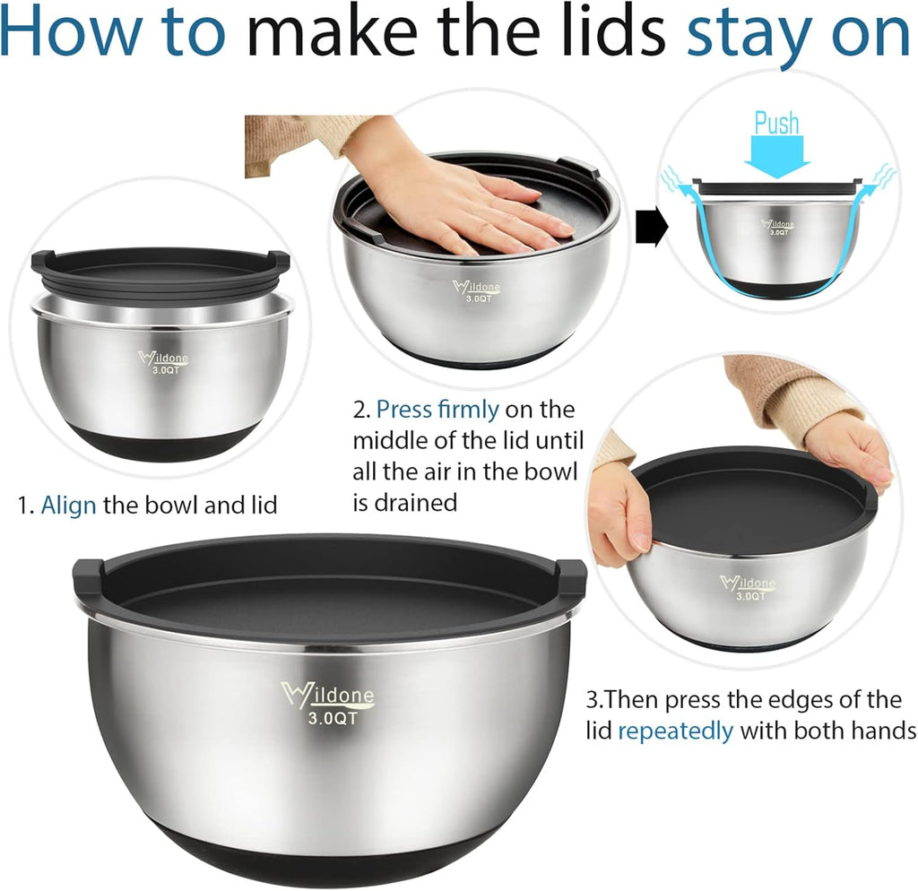 Wildone Stainless Steel Mixing Bowls Set of 5 - Airtight Lids & Non-Slip Silicone Bottoms | Stackable Design, 1.5 to 8 QT