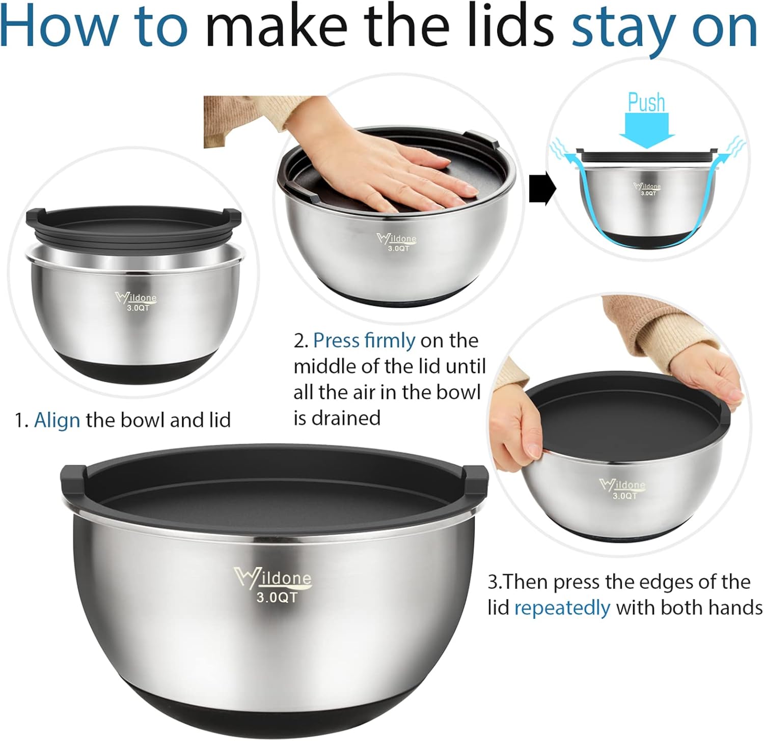 Wildone Stainless Steel Mixing Bowls Set of 5 - Airtight Lids & Non-Slip Silicone Bottoms | Stackable Design, 1.5 to 8 QT