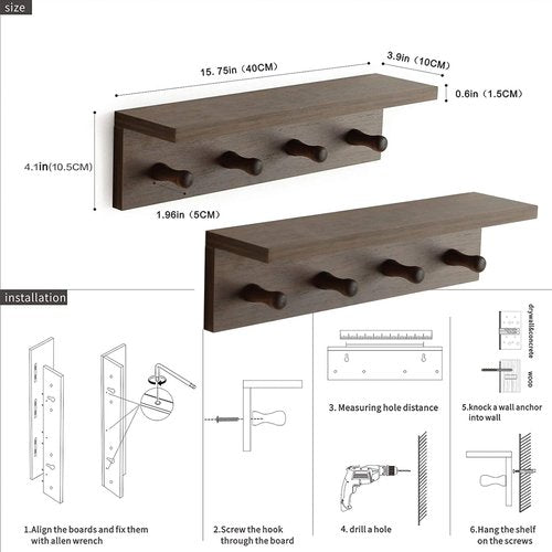 XAOMLP Entrance Coat Rack ，Coat Hooks, Wall-Mounted Wooden Hook Rack, Wall-Mounted Shelves are Very Suitable (Walnut Color Finish—A-2)