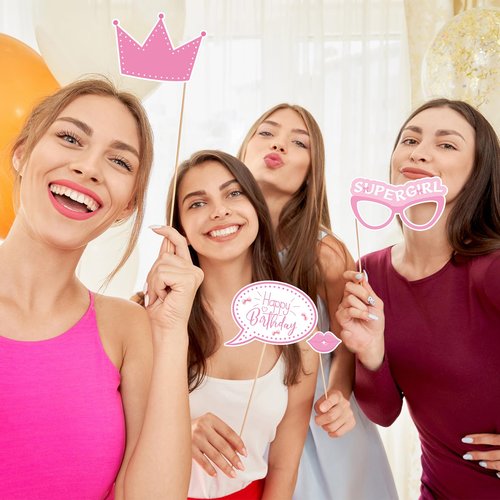 Pink Party Decorations Photo Booth Props Signs,25pcs Pink Birthday Decorations Selfie Props with Sticks for Women Coquette Birthday Decorations Supplies Decor Favors