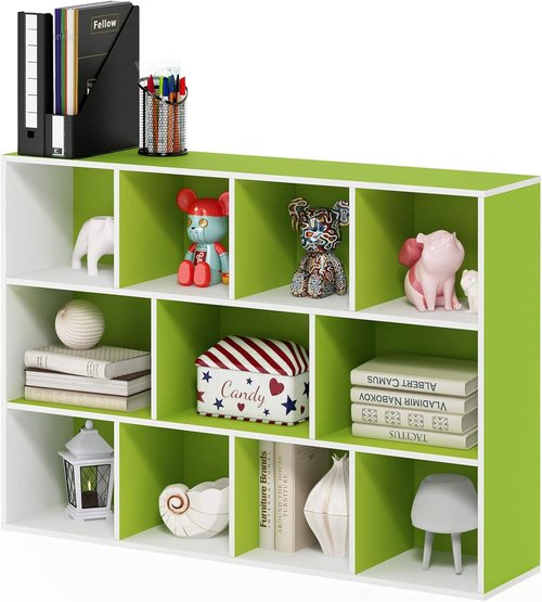 Furinno LUDER 11-Cube Bookshelf - Reversible Design, Easy Assembly | White/Green, 9.4 x 29.1 x 41.7