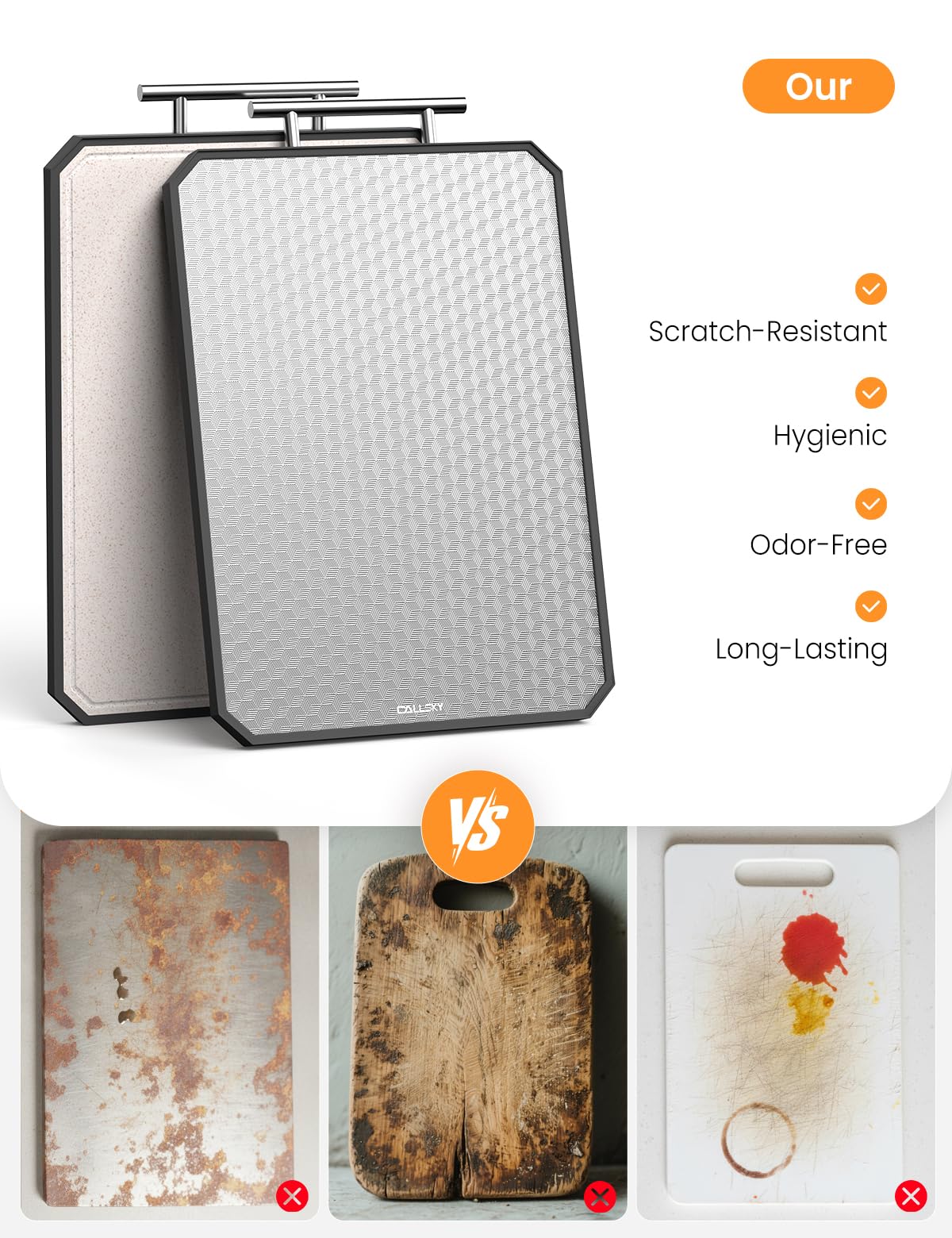 Callsky Cutting Board for Kitchen, Non Toxic Titanium Cutting Board, Double-Sided Metal Chopping Board with Juice Groove, Cutting Boards for Meat, Vegetables and Fruits, Dishwasher Safe Large 16”×11”