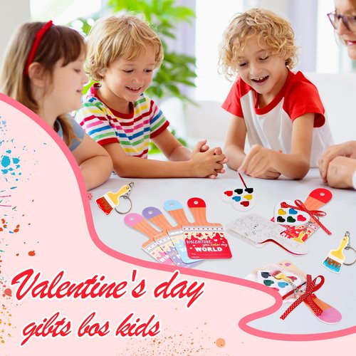 GKLTVB 24 Sets Valentines Day Gifts for Kids,Valentines Cards with Watercolor Paint Bulk and keychain,School Classroom Exchange Gifts for Party Favors