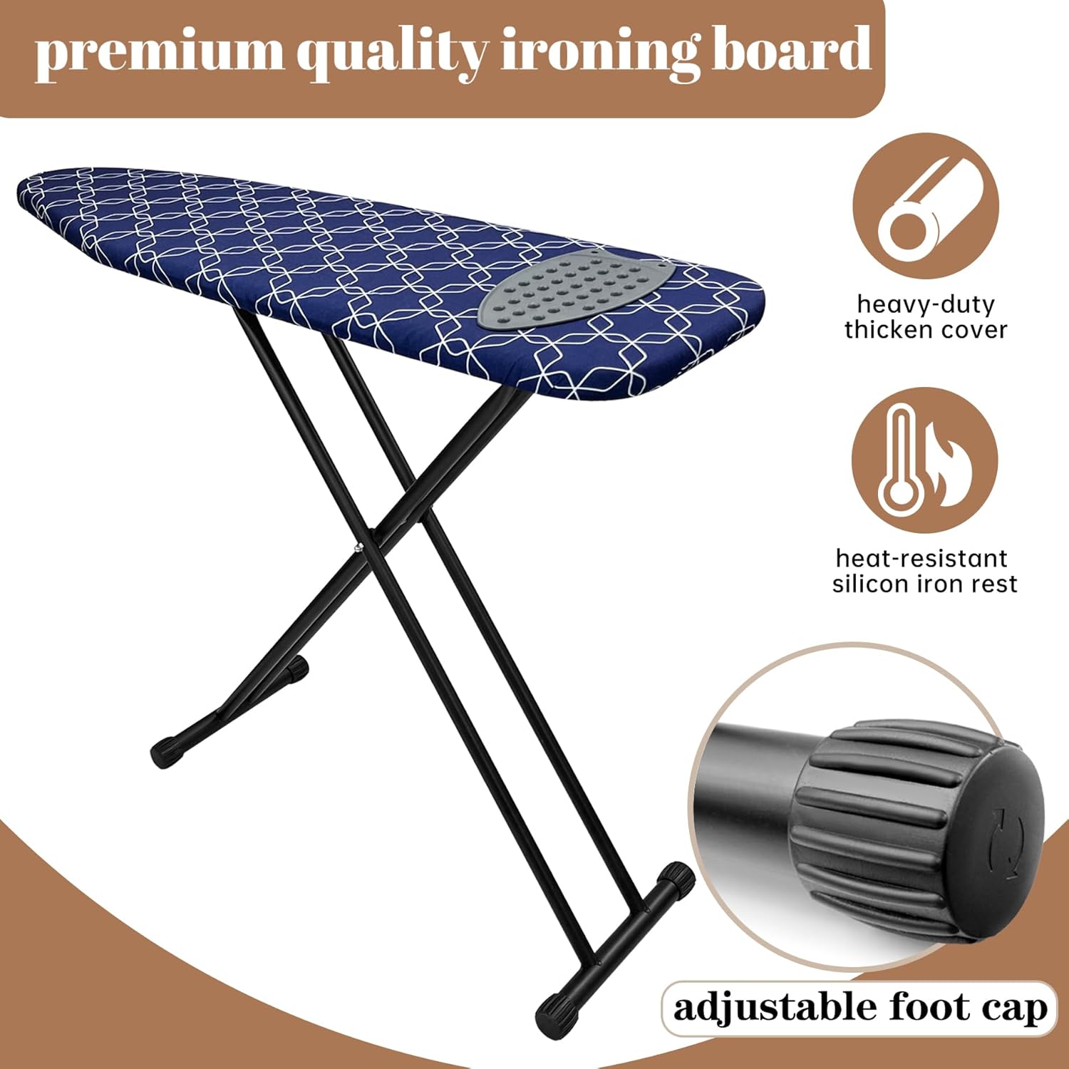 Skiennix Classic Ironing Board - Compact Space Saver with Extra Wide Padded Surface | 43 x 13 Inches, Blue Geometry