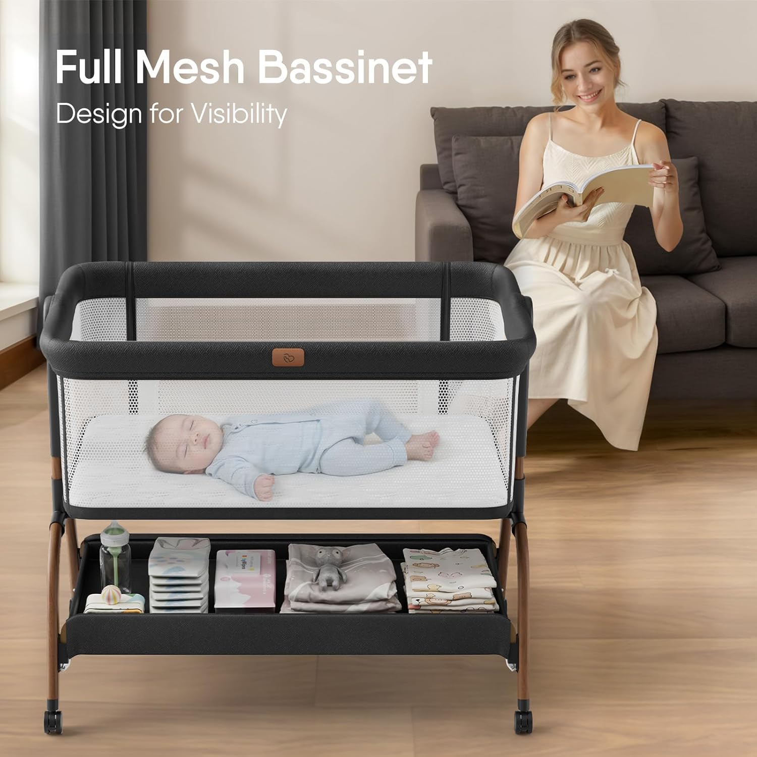 Skiennix Baby Bassinet - 3-in-1 Bedside Sleeper with Mattress & Breathable Sheet | 6-Height Adjustable