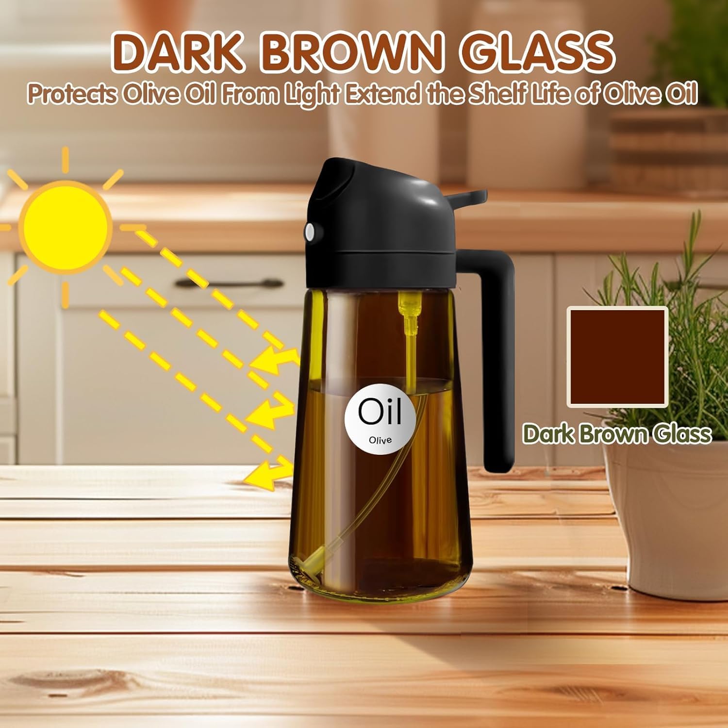 Skiennix 16oz Glass Olive Oil Sprayer - 2-in-1 Dispenser for Cooking, Air Fryer & BBQ (Black)