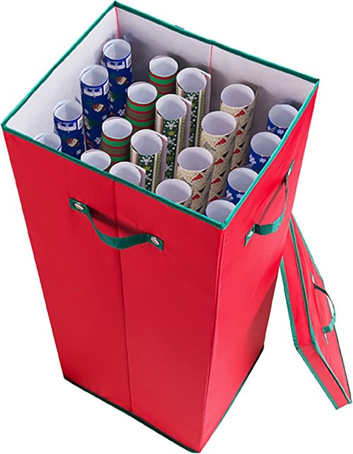 Elf Stor Wrapping Paper Storage Box - Holds 20 Rolls of 30” Gift Wrap - Upright Container with Lid & Dividers - Red
