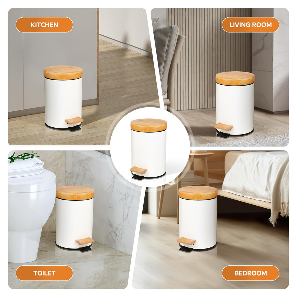 ODJSY Small Bathroom Trash Can with Natural Bamboo Lid Soft Close，3 Liter / 0.8 GallonStainless Steel Garbage Can with Removable Inner Bucket andStep Pedal（White）