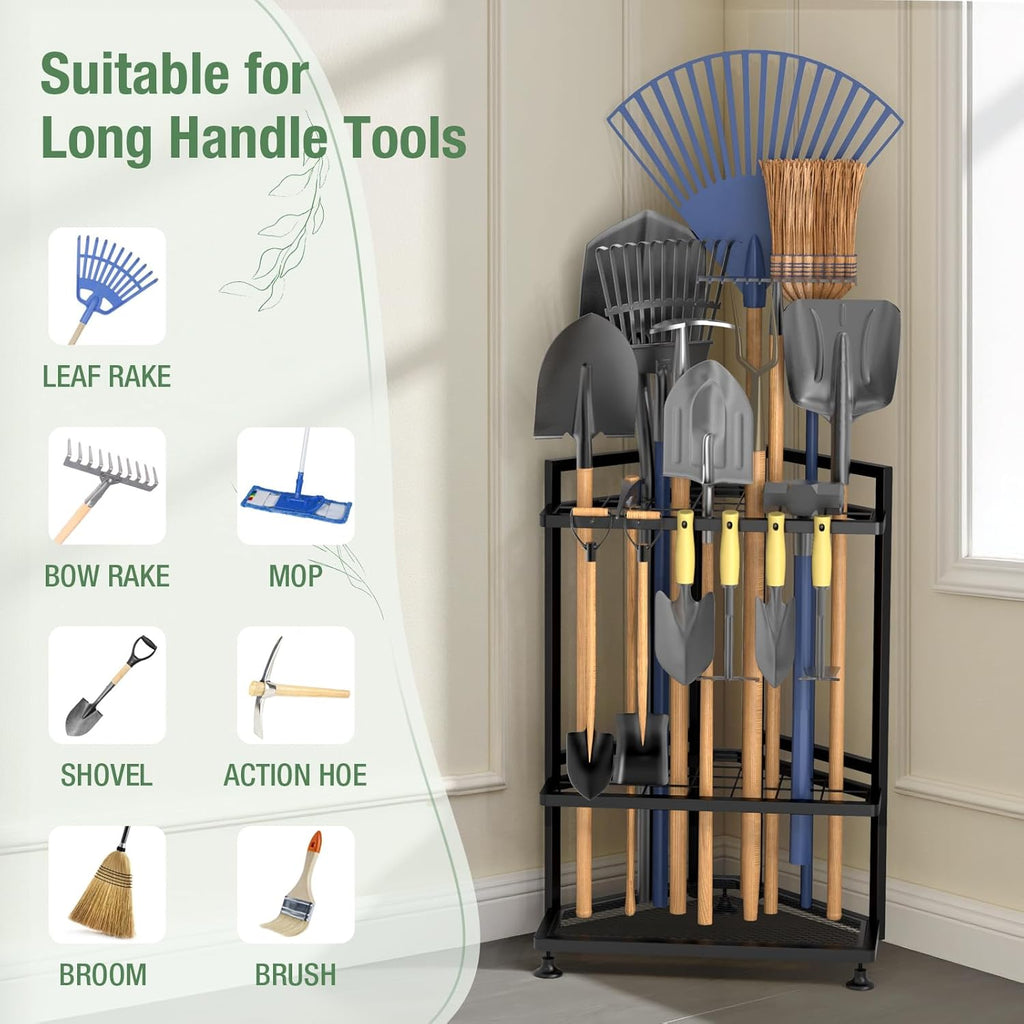 Skiennix Garden Tool Organizer - Heavy Duty Steel Storage Rack for Long-Handled Tools | Corner Design