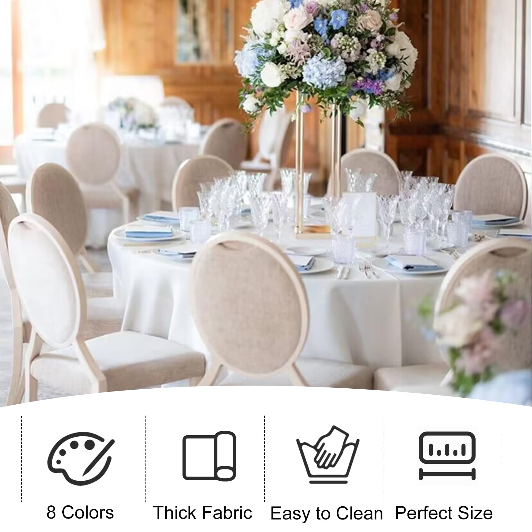 JALANCY 4 Pack Round Tablecloth 108 Inch White Polyester Washable Fabric Table Covers for Wedding Dining Table Buffet Parties Banquet Decor