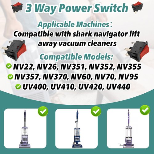 2-Pack 3-Way Power Switch for Lift-Away Vacuums, Compatible with Shark Navigator Lift-Away Upright Models NV22, NV26,NV351,NV352, NV355,NV356E,NV357,NV360,NV60,NV70,NV95,UV400,UV410,UV420,UV440,UV540