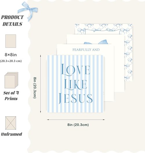 LARTSFRO Coquette Blue Bow Wall Art | Inspirational Christian Decor for Teens | 8x8 Inch Set of 4 Unframed