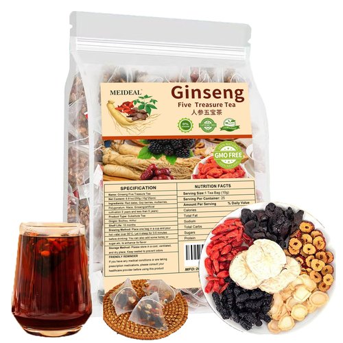 Ginseng Five Treasures Tea, Natural Kidney Tea for Women & Men, 6 Precious Ingredients Blend, Organic Ginseng Six Treasures KidneyTea, Chinese Herbal Teabags (25 Pcs 1 Bag)
