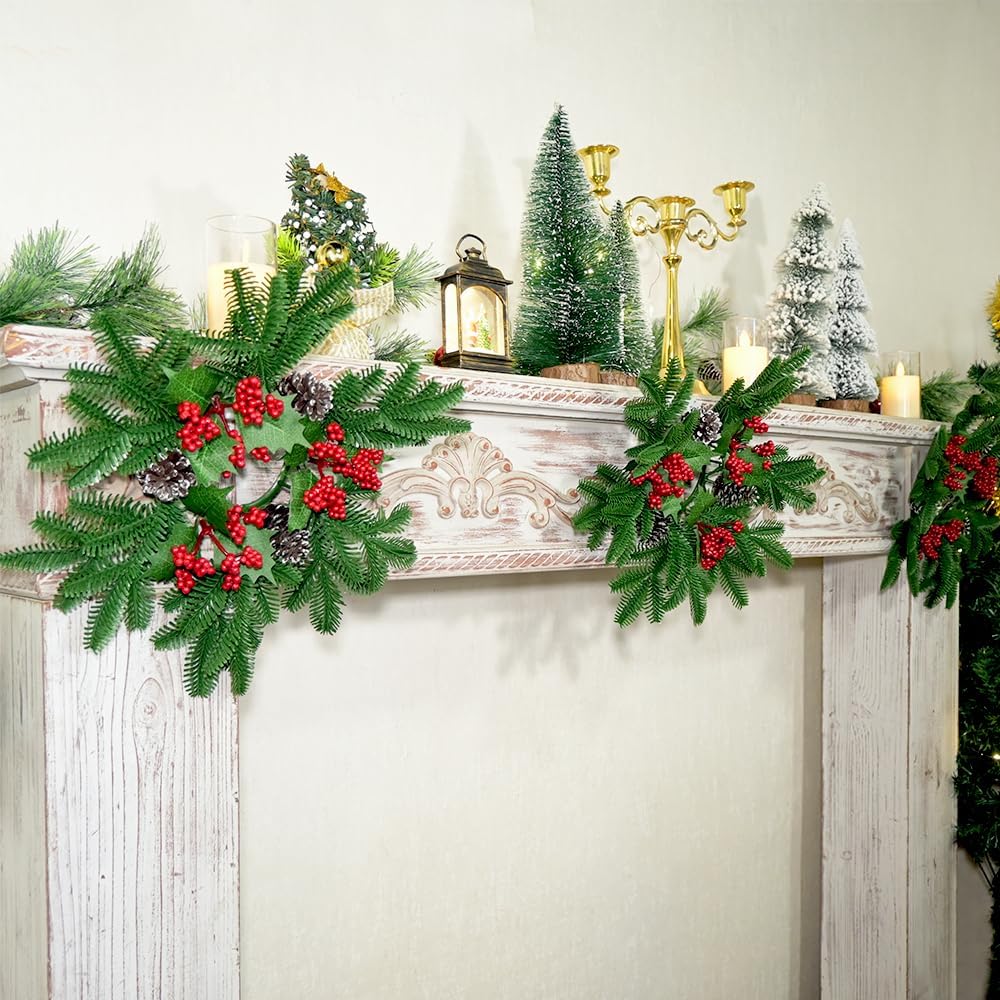 Skiennix Christmas Small Wreaths - 3Pcs 13.5-Inch Greenery Pine Candle Rings for Home Decor