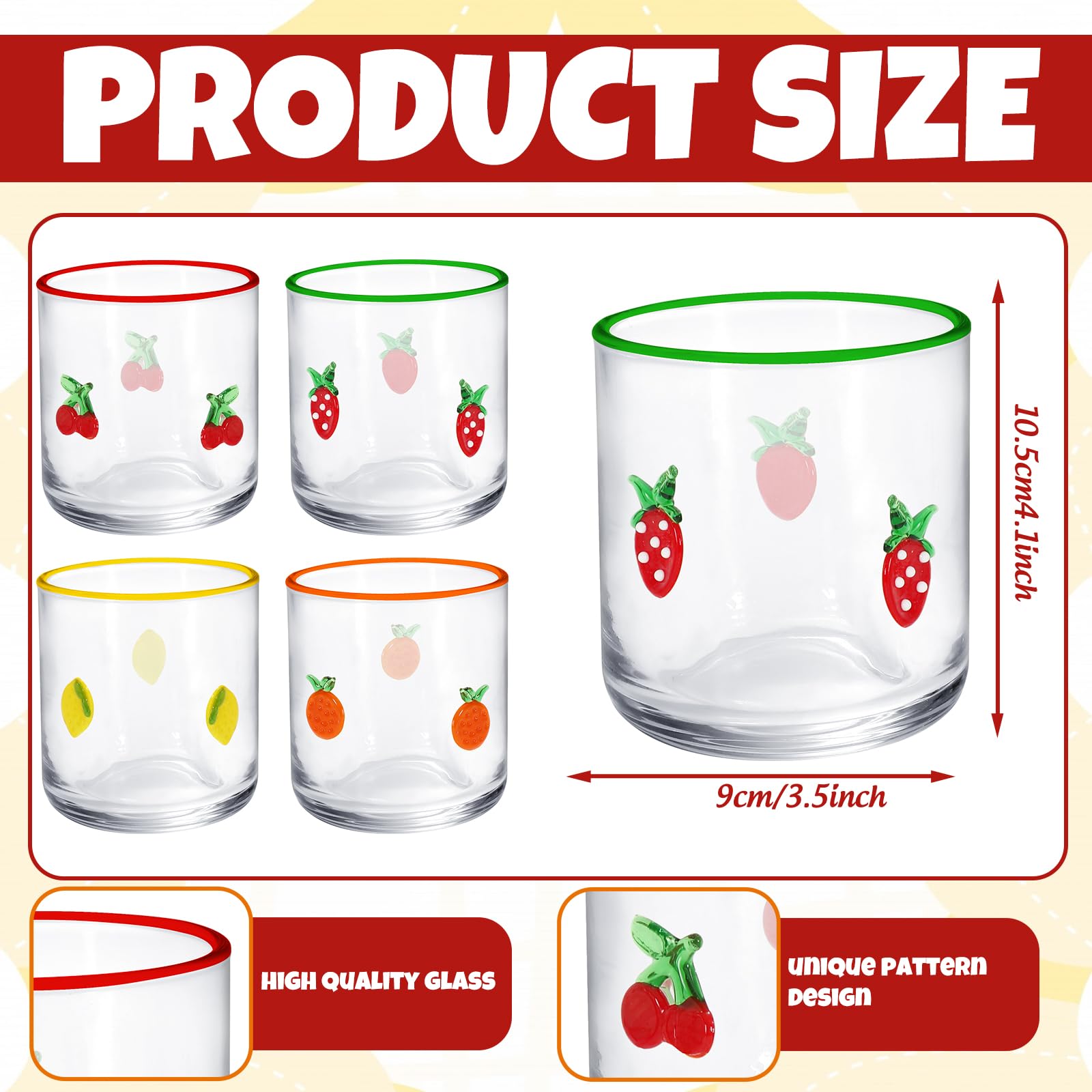 Whaline 4Pcs Fruit Icon Juice Glass 14 Oz Wine Glass Strawberry Lemon Cherry Orange Stemless Cocktail Drinking Cups for Home Party Favors Supplies