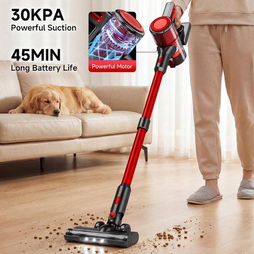 BSNAW Cordless Vacuum Cleaner - Lightweight 8-in-1 Stick & Handheld Design | 45 Min Runtime, Red & Black