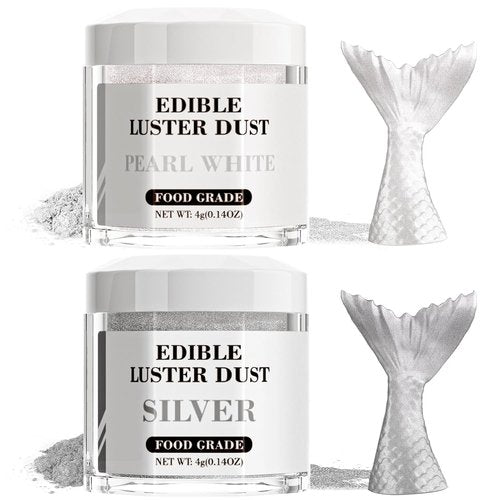 Cherrysea Luster Dust Edible Set - Food Grade Shimmer Powder for Cakes & Cocktails | 4g Bottles - Silver & White