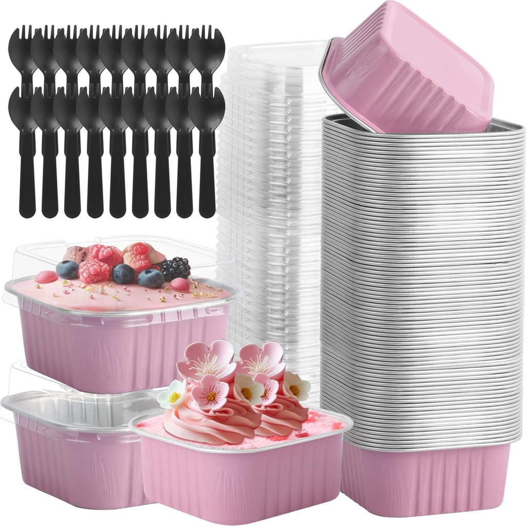 CXIIPOL 60 Pack Mini Square Cake Pans with lids and Spoons, 5 OZ Pink Disposable Ramekins Cake Pans, 3.5x3.5 Inch Aluminum Foil Baking Cups for Mother's Day, New Year, Anniversaries, Birthdays