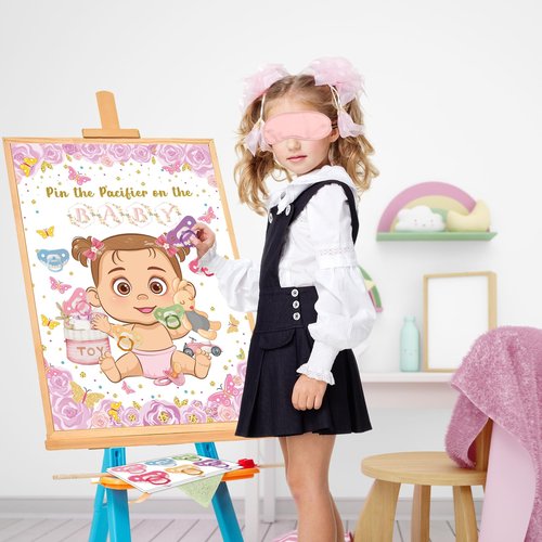 Pin The Pacifier On The Baby Game, Pink Baby Shower Decoration Pin Pacifier on Baby Poster Butterfly Theme Decor with 48 Pacifier Stickers Game for Baby Shower Party Birthday Party Supplies