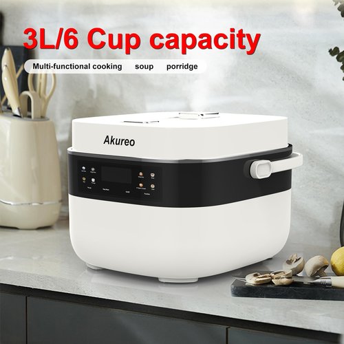 Akureo 3L Smart Rice Cooker, 6-Cup Uncooked, Fuzzy Logic, Stainless steel spherical inner pot with non-stick ceramic glaze coating, Keep Warm, White