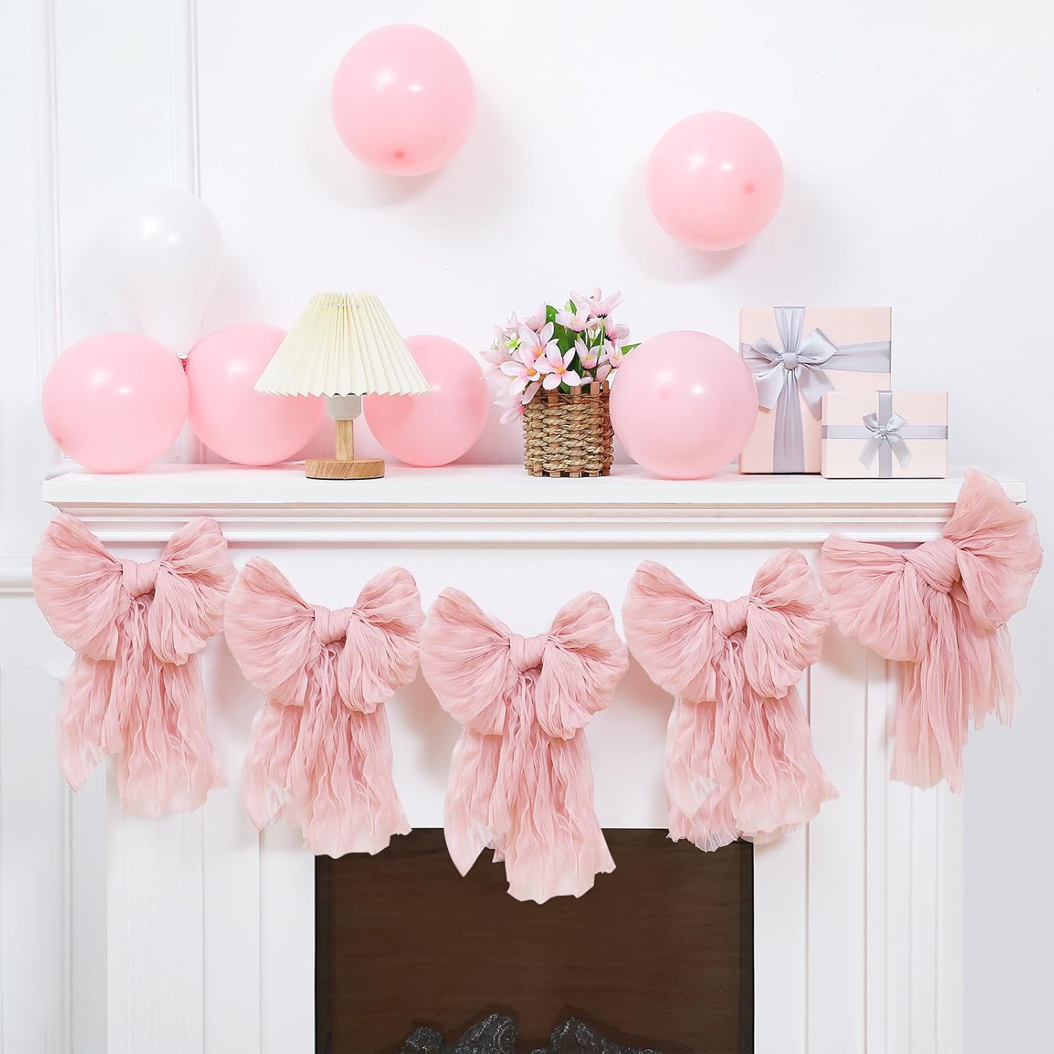 VitalCozy Pink Bow Garland Banner - Elegant Hanging Decorations for Birthday & Baby Showers