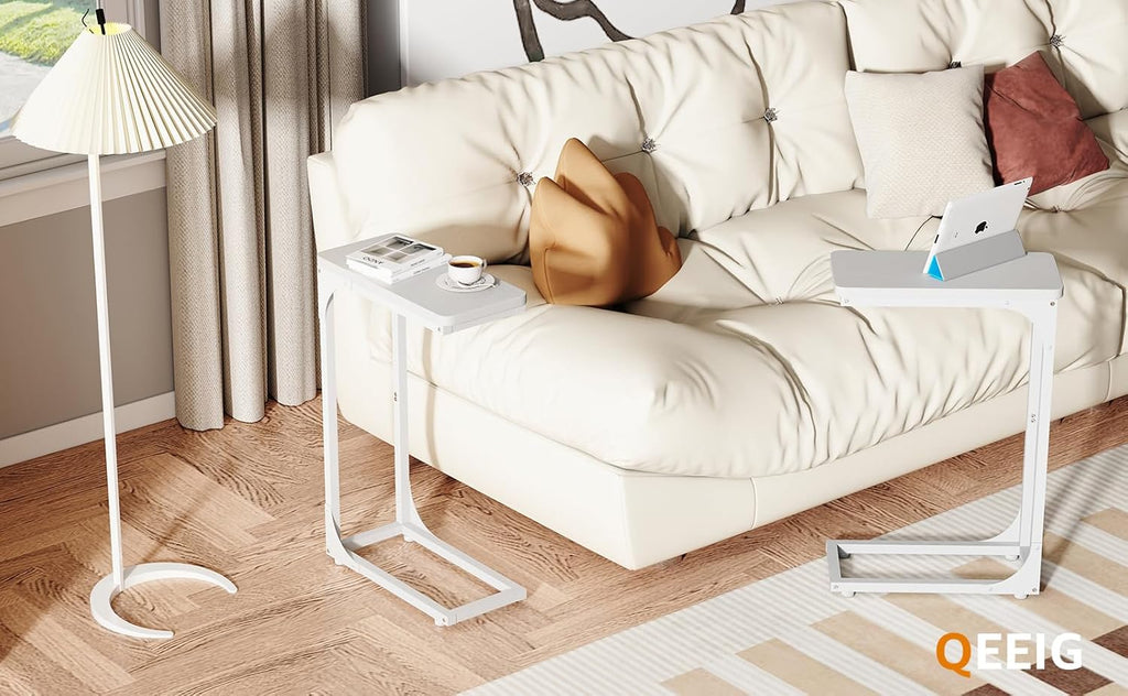 QEEIG Narrow C Shaped Side Table Set - Modern Slim Couch Tray Tables | White, 7-Inch Width, Set of 2