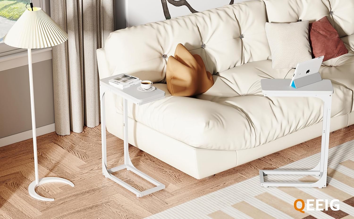 QEEIG Narrow C Shaped Side Table Set - Modern Slim Couch Tray Tables | White, 7-Inch Width, Set of 2