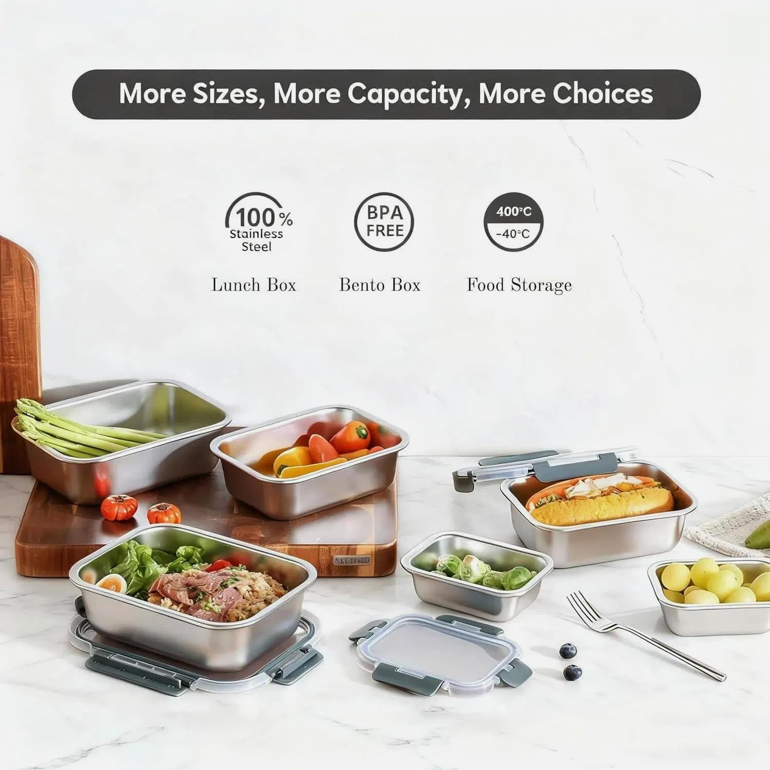 Cuiselect 8 PCS Stainless Steel Lunch Box, 4-Size (58/41 /24 /14Oz) Stackable Metal Bento Boxes BPA Free Dishwasher Safe, Food Storage Containe, Leakproof Reusable Meal Storage for Work,Travel (Gray)
