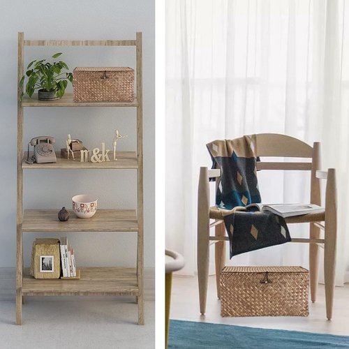 Hipiwe Wicker Shelf Baskets - Handwoven Seagrass Storage Bins with Lid | Rectangular Home Organizer, Coffee Small