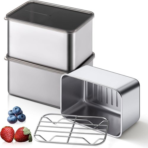 Hushee 3-Piece Stainless Steel Food Storage Containers - Airtight with Removable Drain Tray, 30 oz