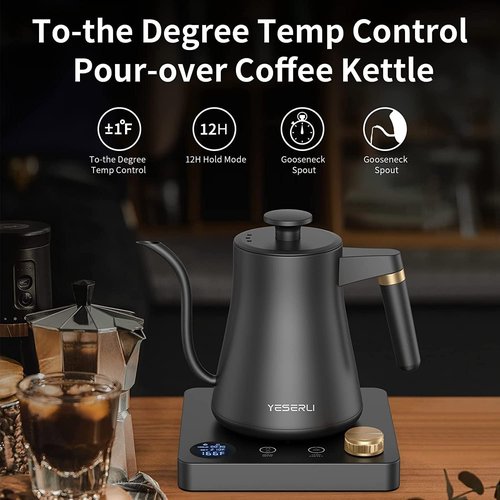 YESERLI 1200W Gooseneck Kettle with ±1℉ Temperature Control,Pour Over Electric Kettle for Coffee & Tea,Digital Display,4 Temp Preset,12H Keep Warm,100% Stainless Steel,Rapid Heating,1L,Matte Black