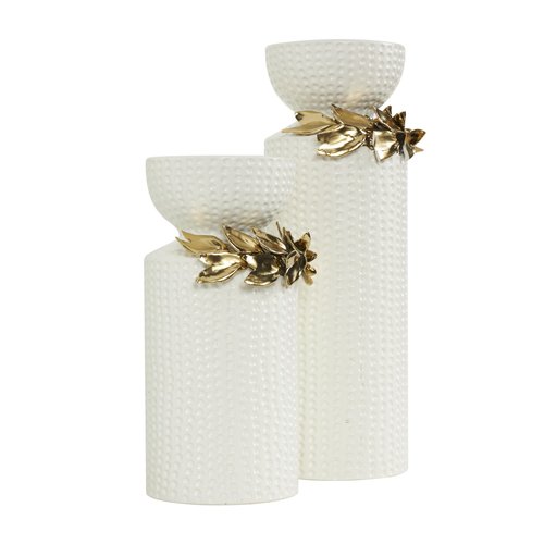 Deco 79 Ceramic Decorative Candle Holder Candle Stand with Abstract Spotted Pattern and Gold Leaf Accents, Set of 2 Candlestick Holder 12", 9" H, White