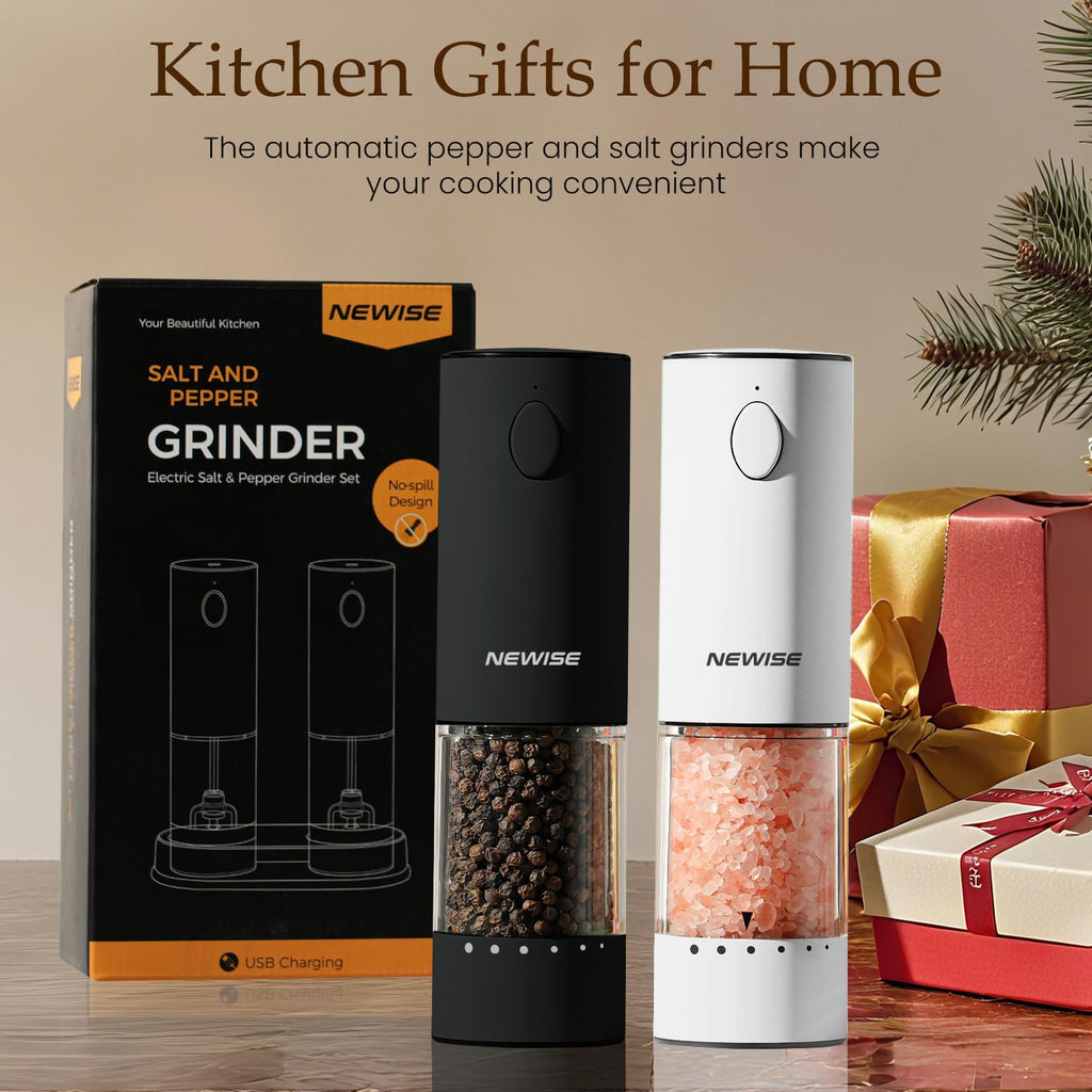 Electric Salt and Pepper Grinder Set, Adjustable Coarseness & LED Light, Rechargeable Large Capacity Stainless Steel Mill, Kitchen Appliances for Women Mom- Black/White