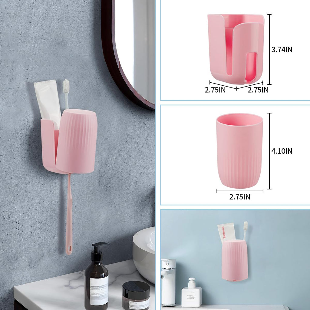 oppfacx Toothbrush Holders for Bathrooms Toothbrush Holders Wall Mounted BPA-Free Tooth Brush Holder with Toothbrush Cup Drilling-Free (Pink)